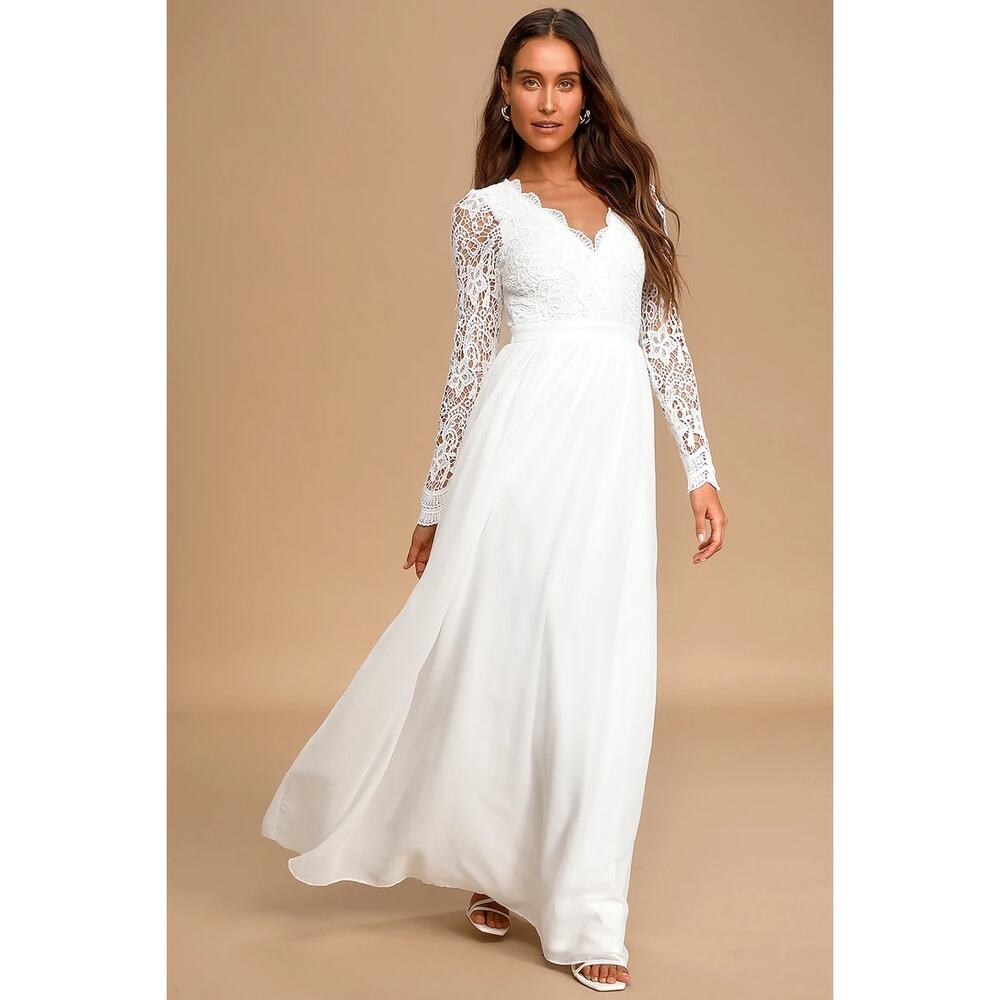 Lulus Awaken My Love White Long Sleeve Lace Maxi Dress sz S